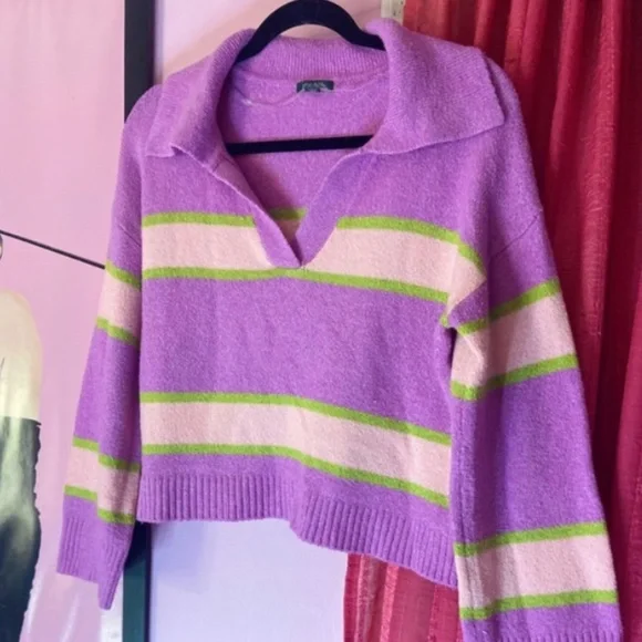Wild Fable Cropped Orchid Striped V Neck Lightweight Pullover Sweater Women’s Sm - Picture 4 of 5